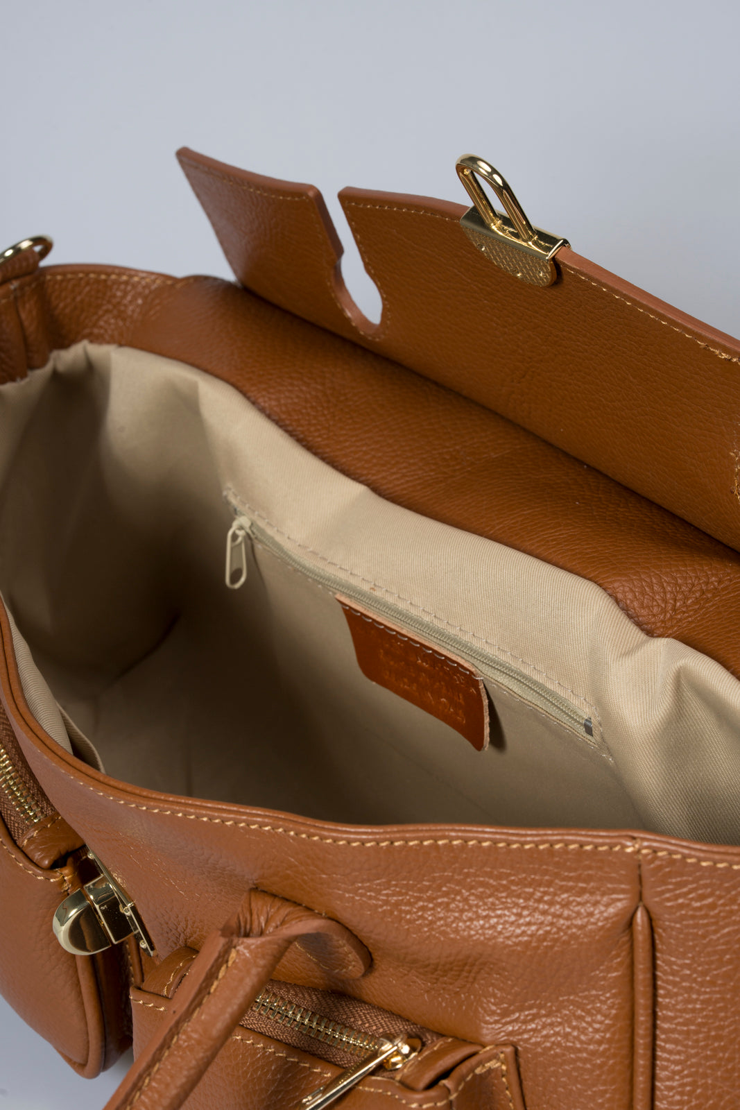 AUDREY Leather Top Handle Bag - Cognac
