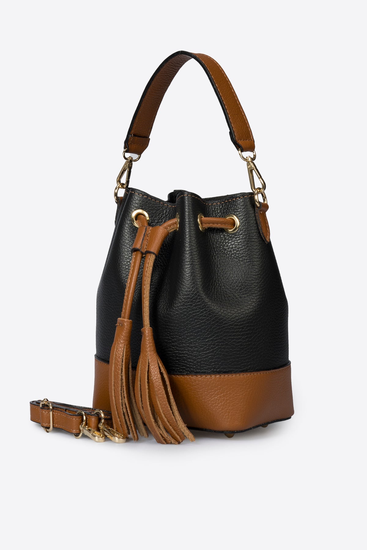 HAZEL Leather Bucket Bag - Black+Cognac