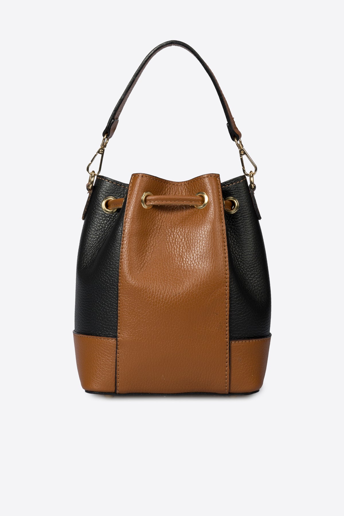 HAZEL Leather Bucket Bag - Black+Cognac