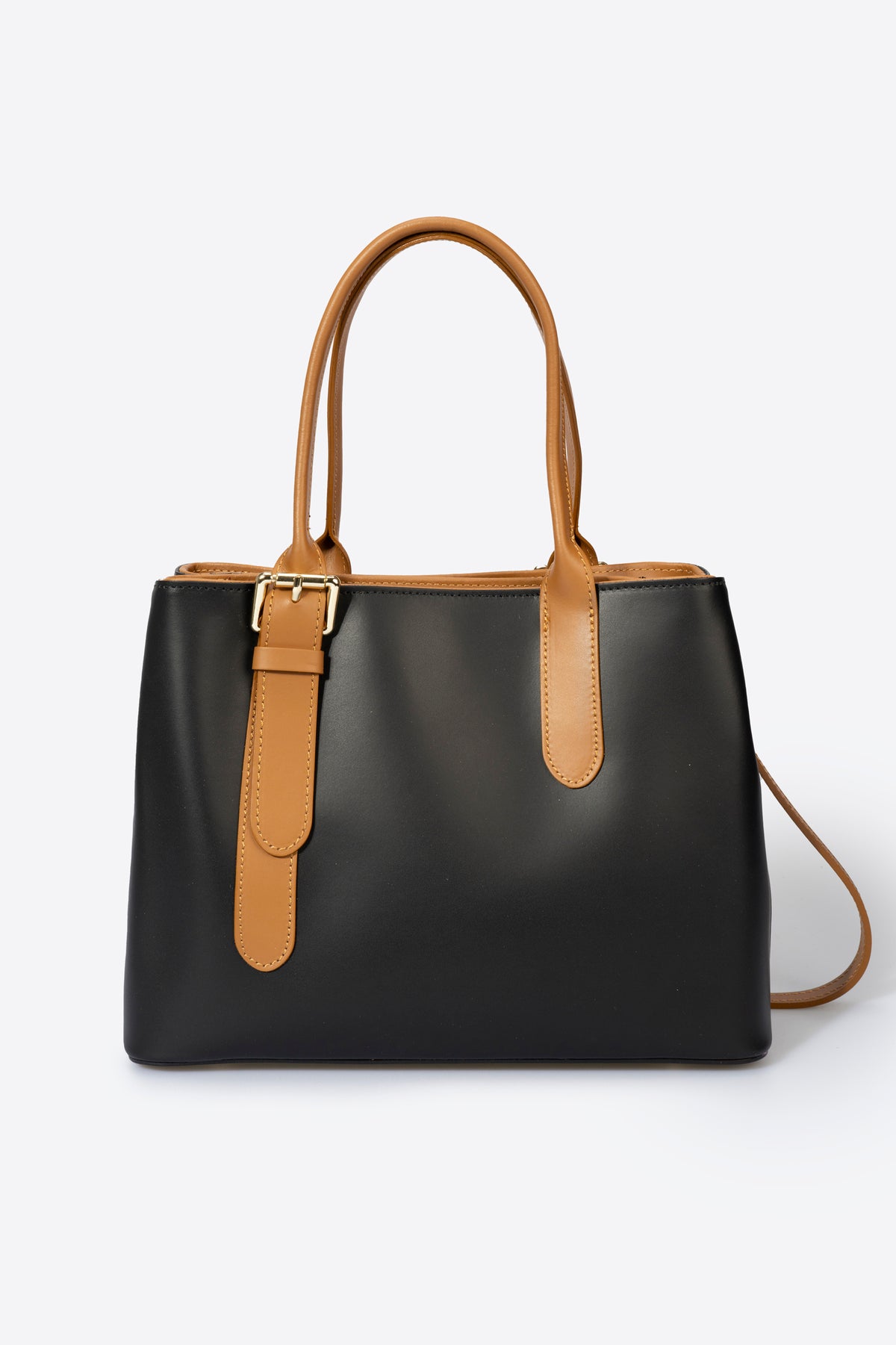 CAROLINA Leather Top Handle Bag - Black+Cognac