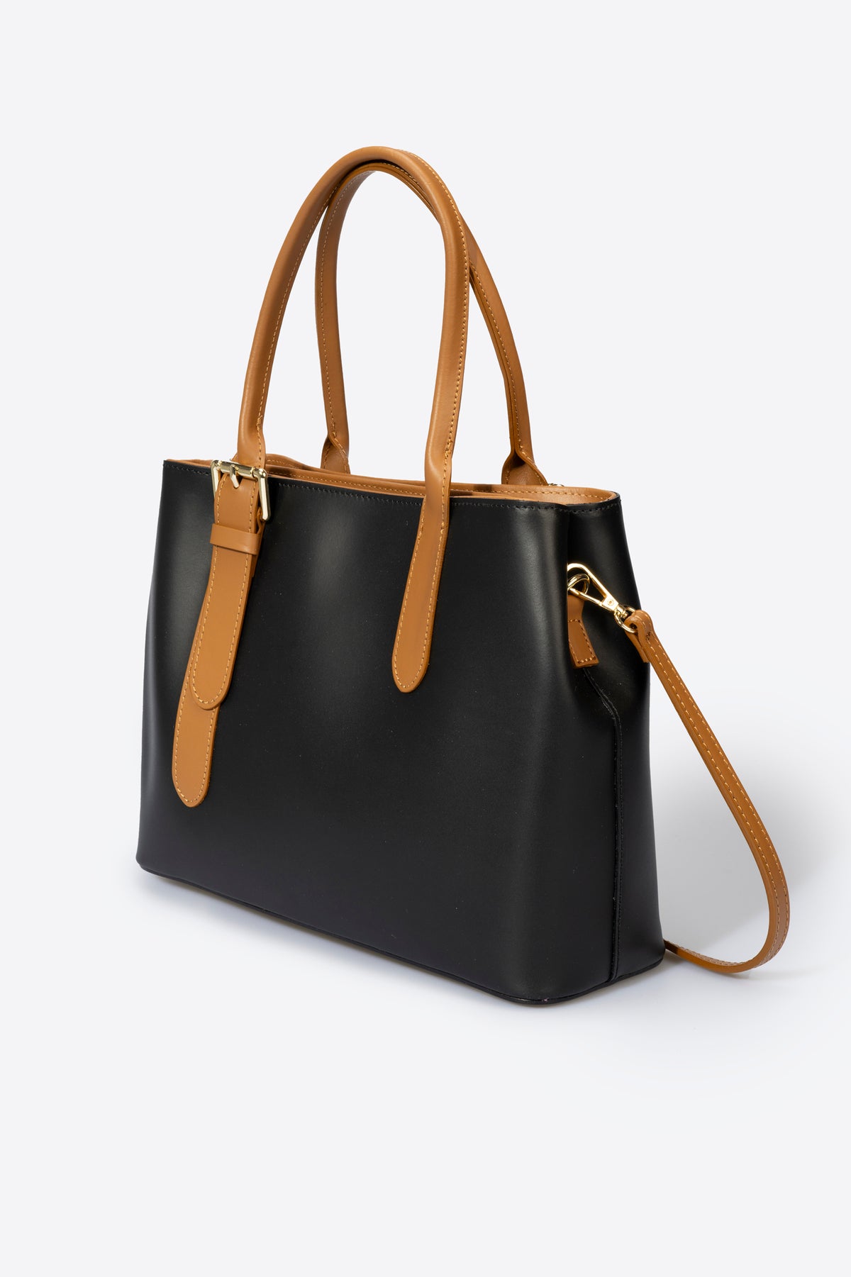 CAROLINA Leather Top Handle Bag - Black+Cognac