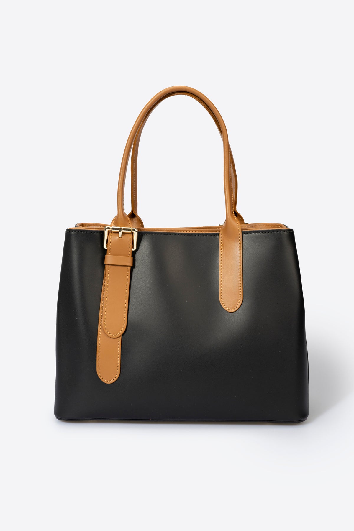 CAROLINA Leather Top Handle Bag - Black+Cognac