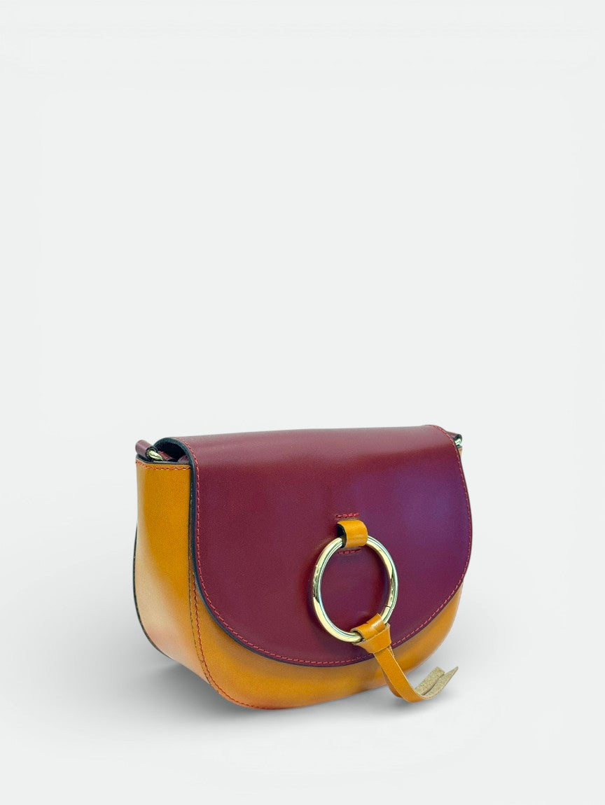 Leather Crossbody Bag 8058 - Cognac + Red