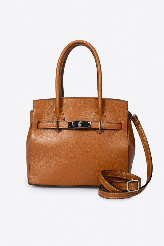 GRETA Leather Top Handle Bag - Cognac
