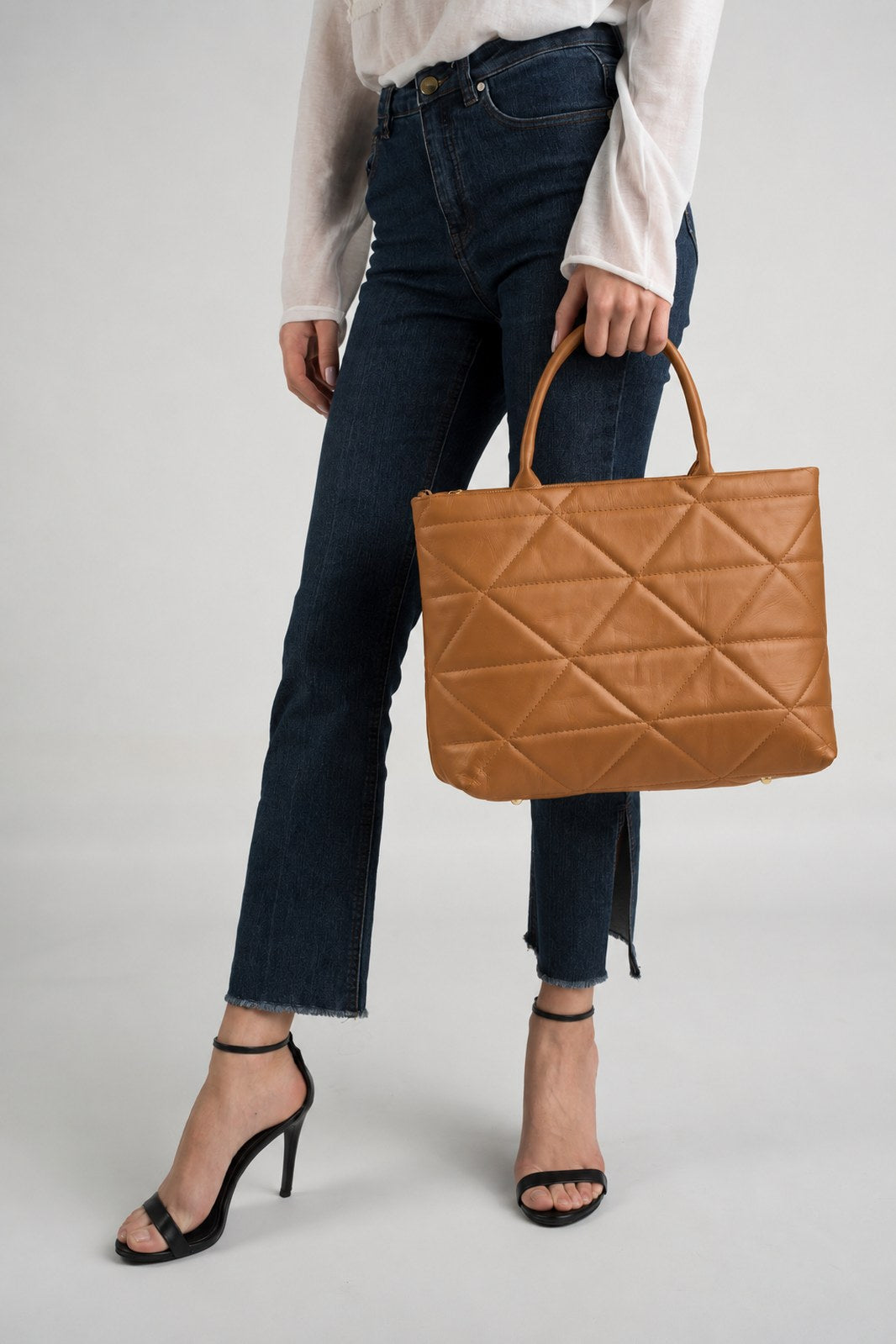 GINEVRA Leather Top Handle Bag - Cognac