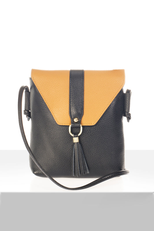 Leather Crossbody Bag 3552 - Black + Cognac