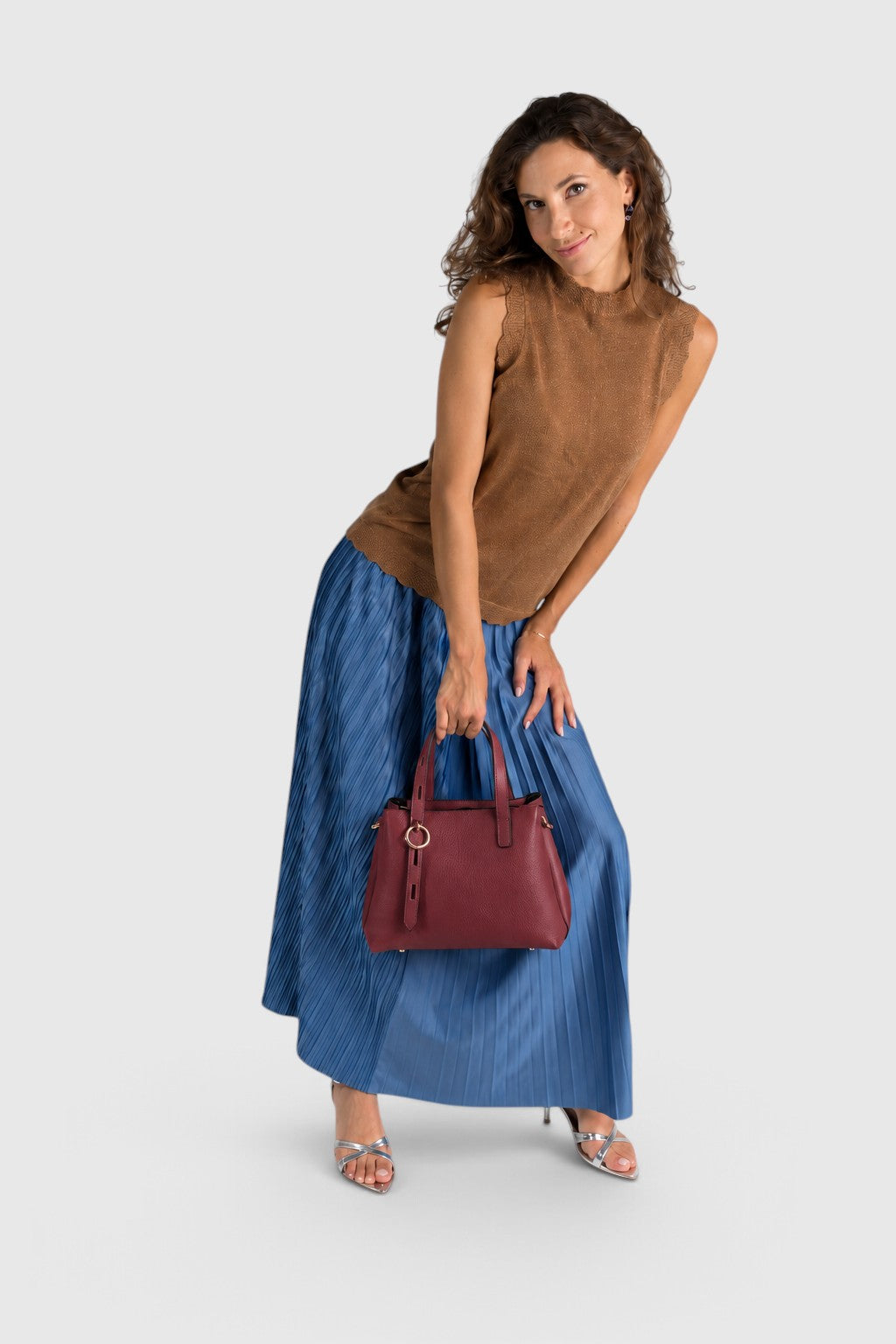 ORIETTA Leather Top Handle Bag - Wine