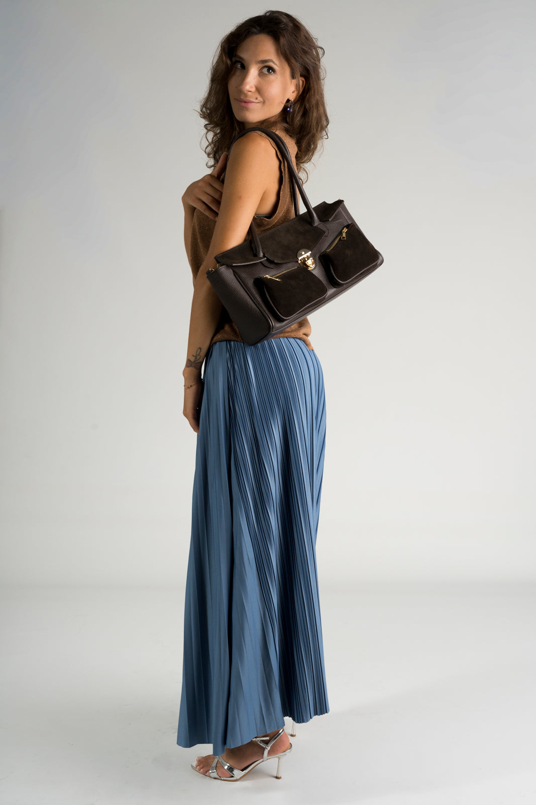 AUDREY Leather Top Handle Bag - Marrone