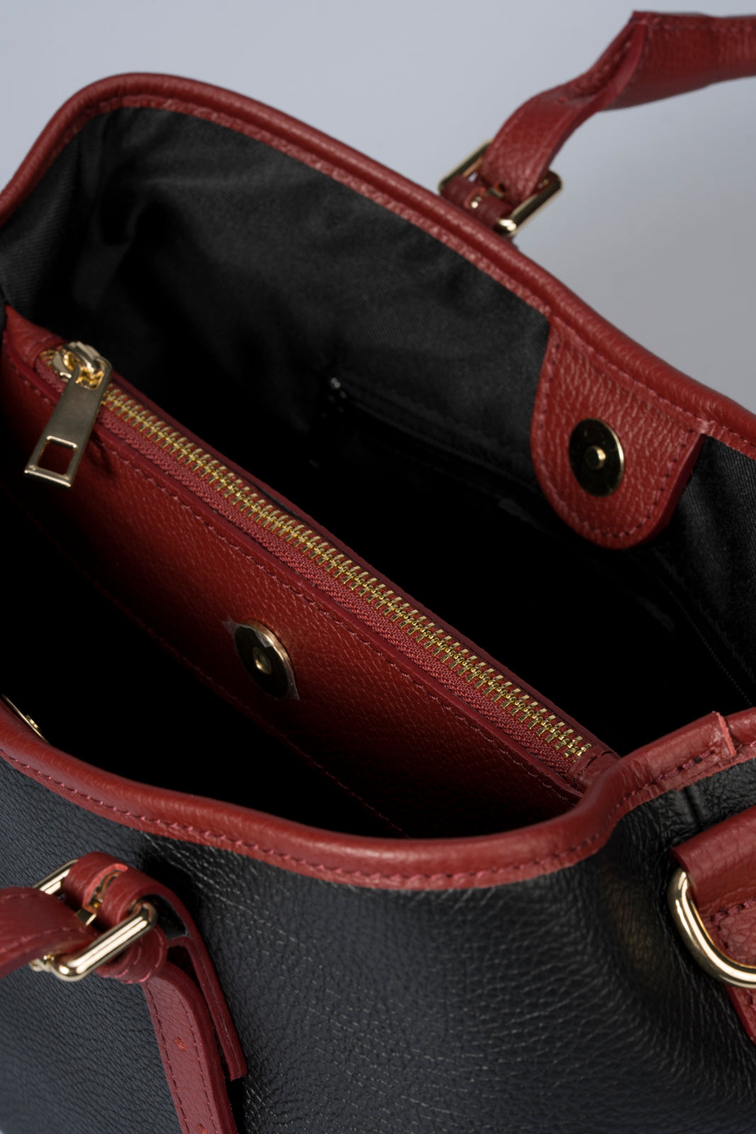 TESS Leather Top Handle Bag - Black+Bordo