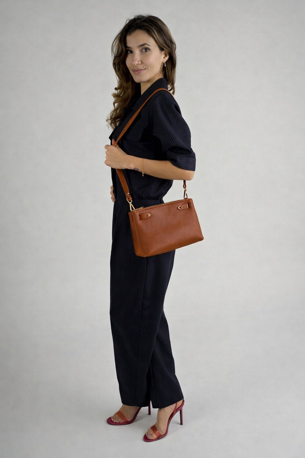 CAMILLE Leather Top Handle Bag - Cognac