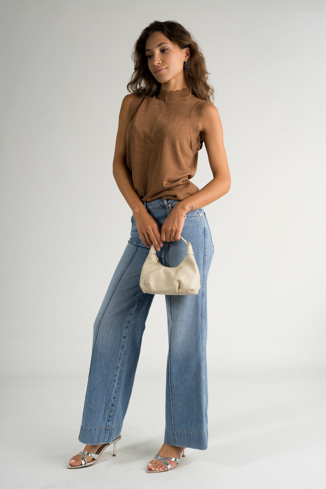 LYDIE Leather Top Handle Bag - Beige