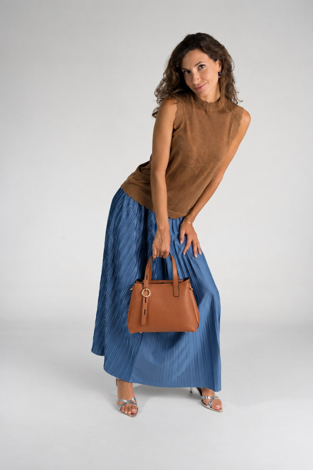 ORIETTA Leather Top Handle Bag - Cognac