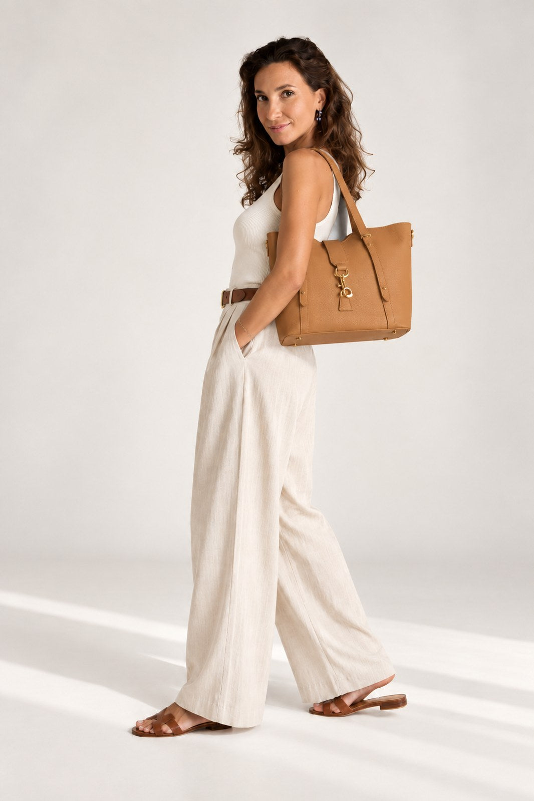 RAINA Leather Top Handle Bag - Cognac
