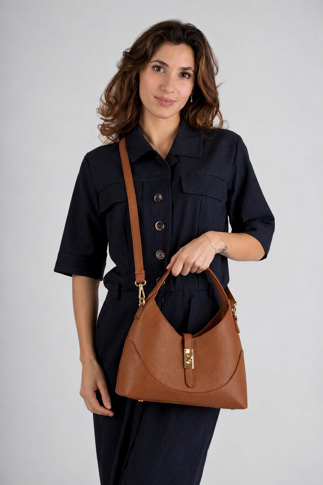 LINA Leather Top Handle Bag - Cognac