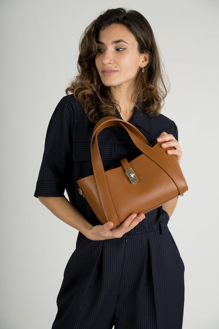 GAIA Leather Top Handle Bag - Cognac