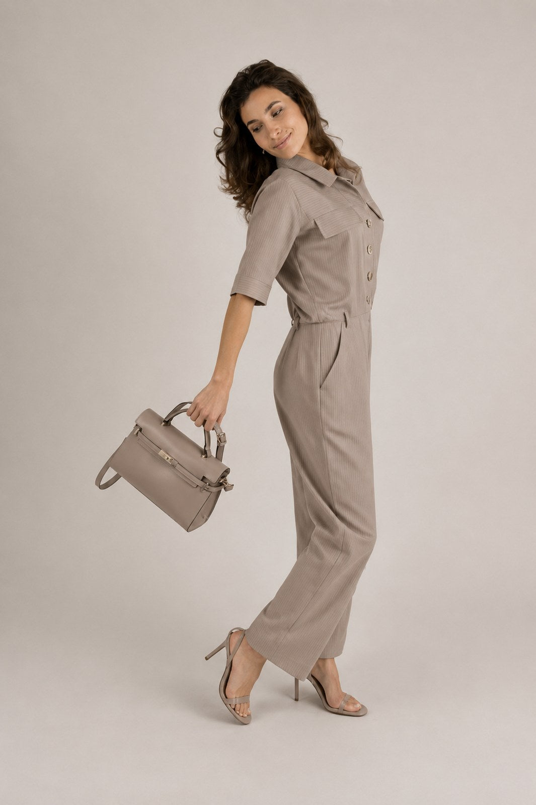 LEA Leather Top Handle Bag - Taupe