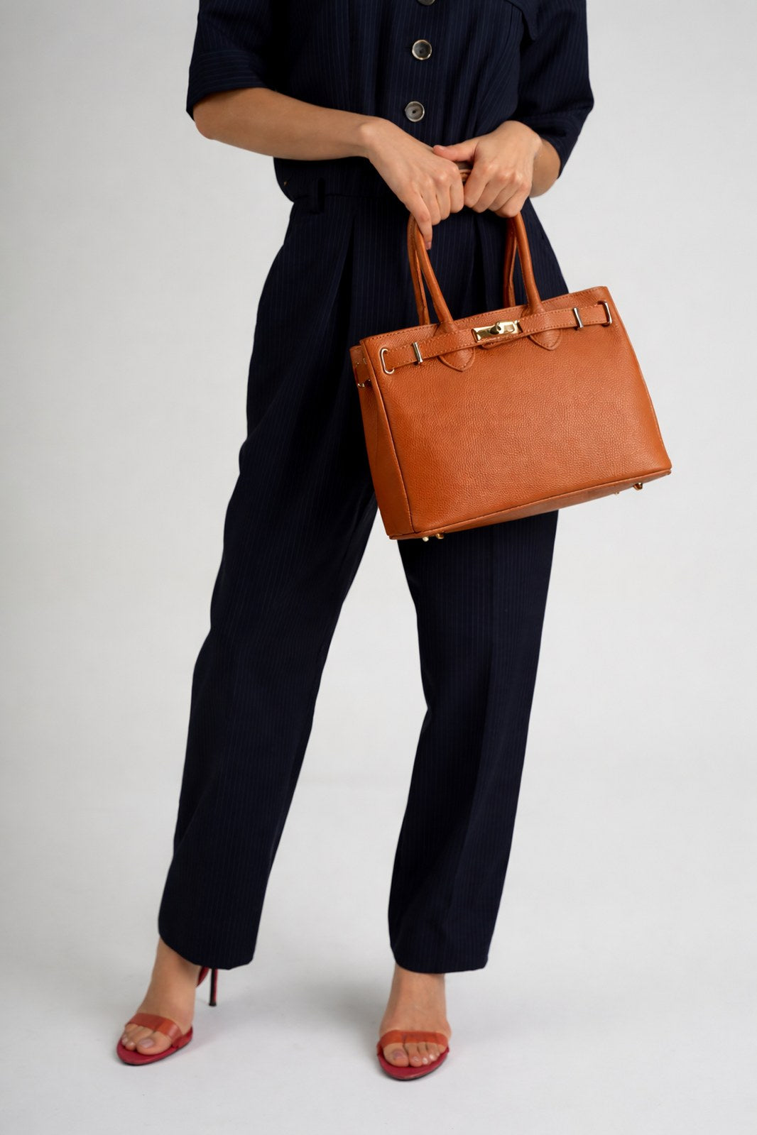 REESE Leather Top Handle Bag - Cognac