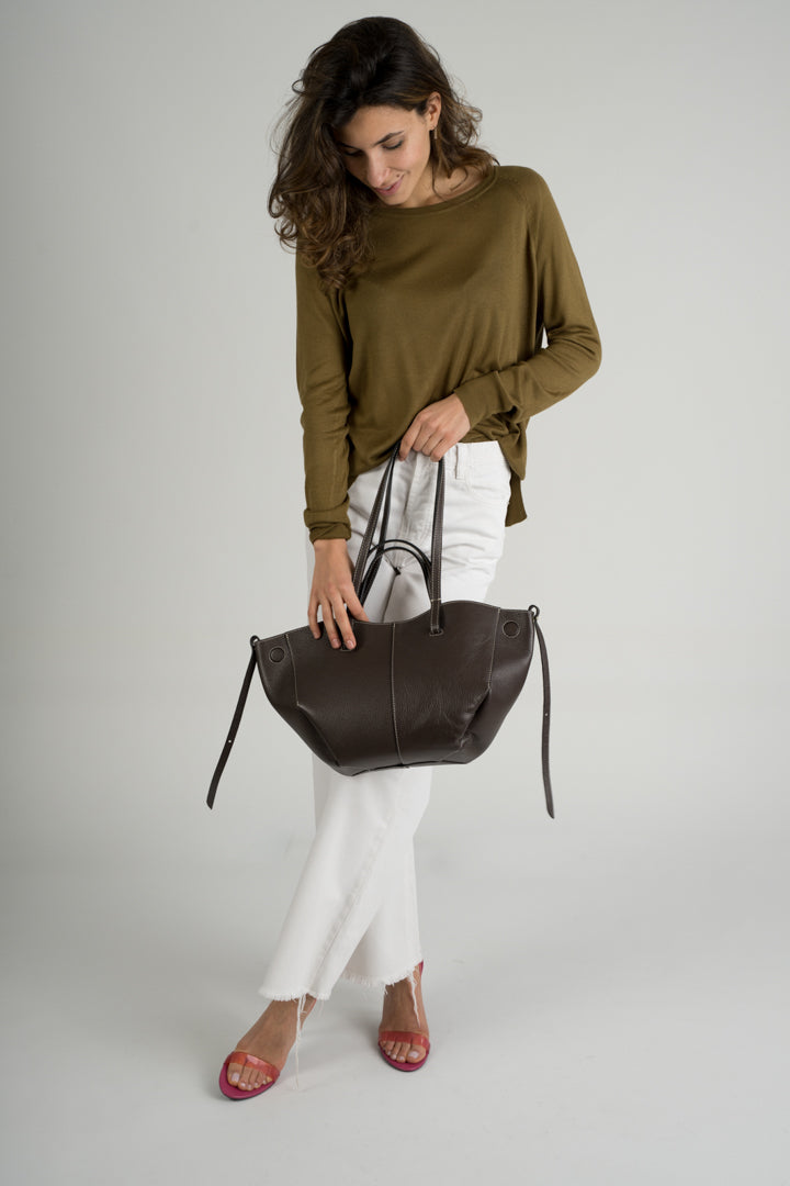 ODETTE Leather Top Handle Bag - Dark Brown