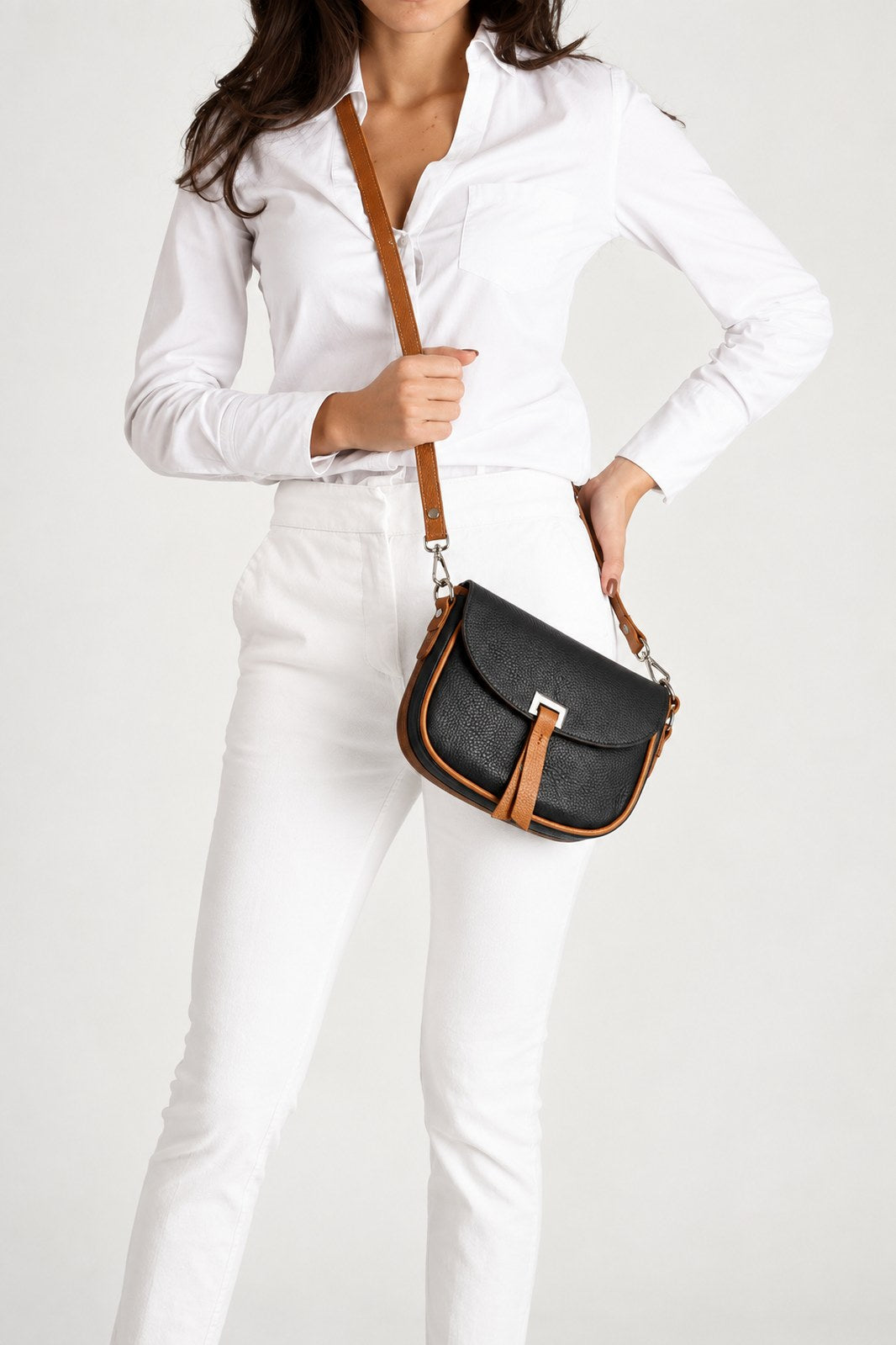 BELA Leather Crossbody Bag - Black+Cognac