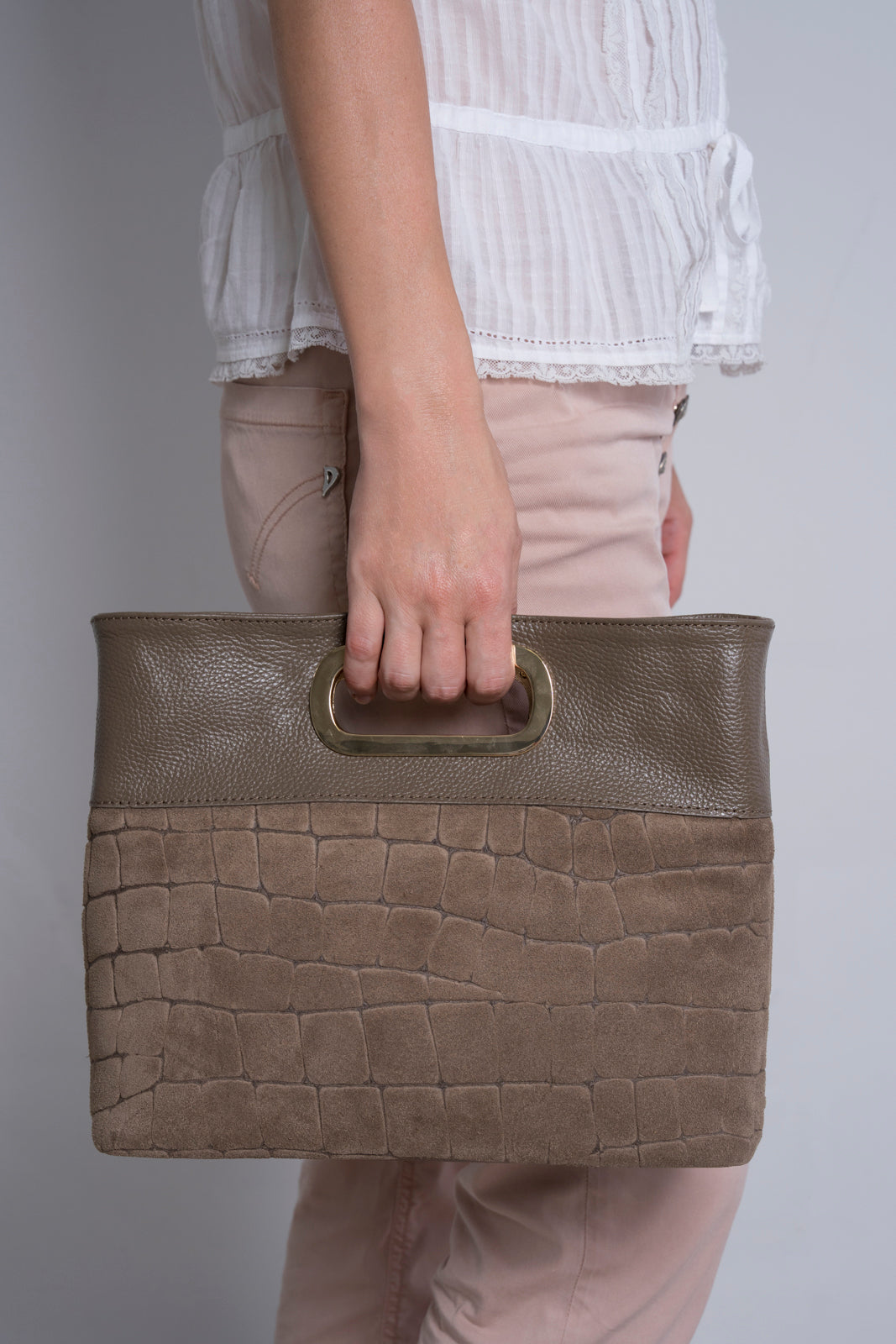ROSALBA Leather Top Handle Bag - Taupe