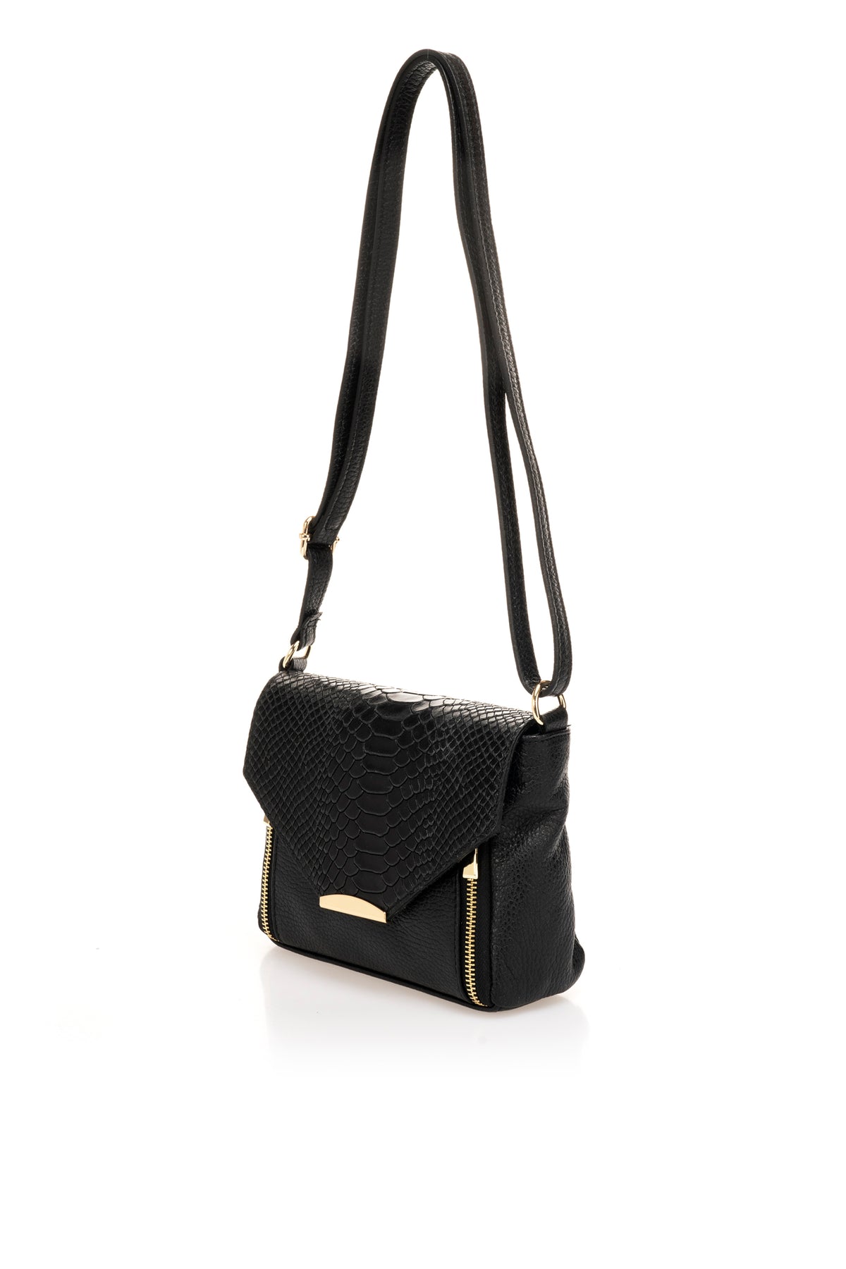 Leather Crossbody Bag 7069 - Black