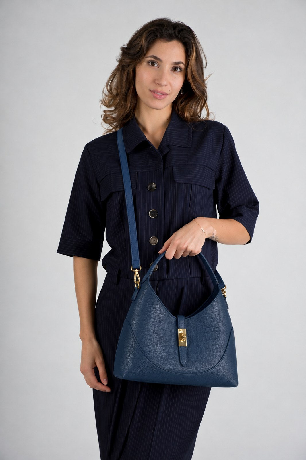 LINA Leather Top Handle Bag - Blue