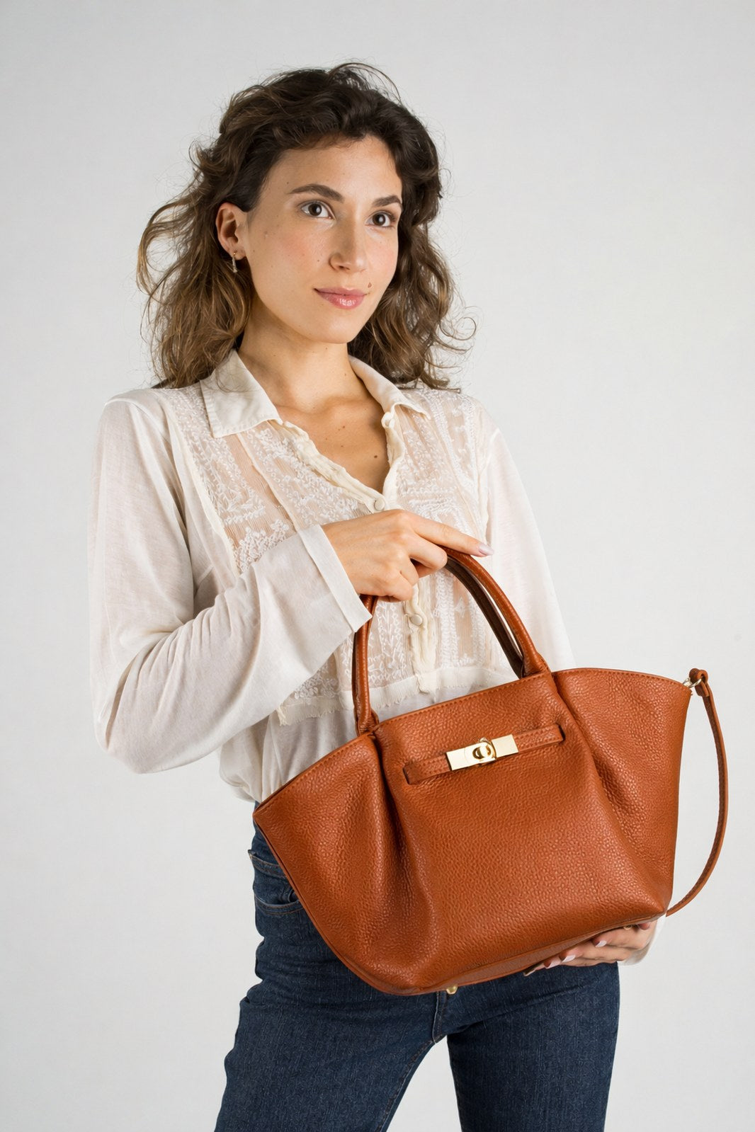 RYAN Leather Top Handle Bag - Cognac