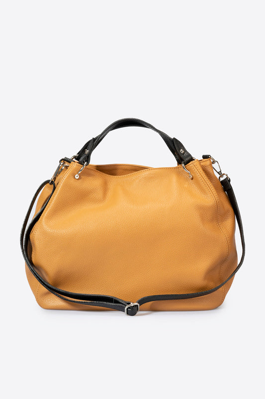 AZALEA Leather Top Handle Bag - Cuoio+Black