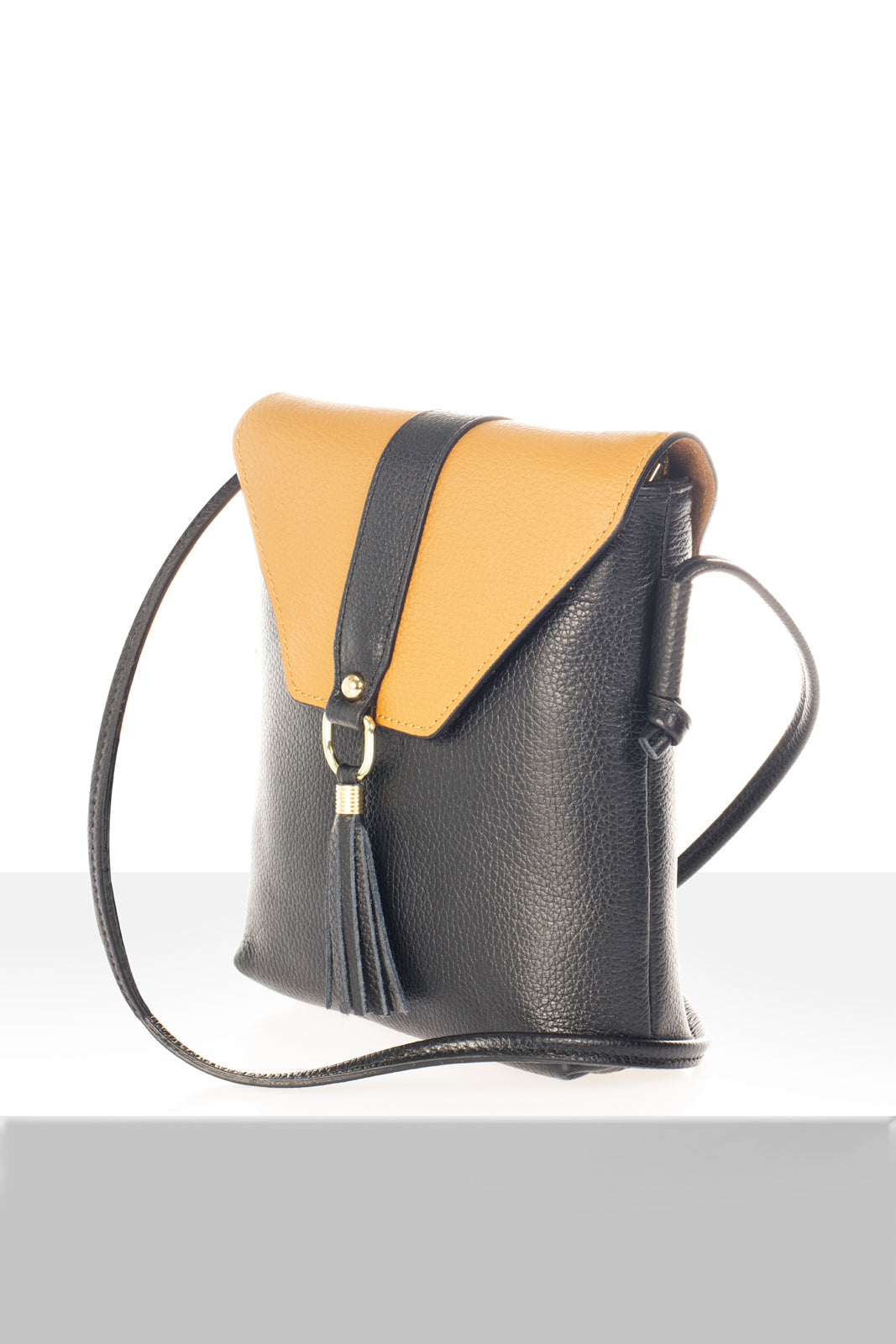 Leather Crossbody Bag 3552 - Black + Cognac