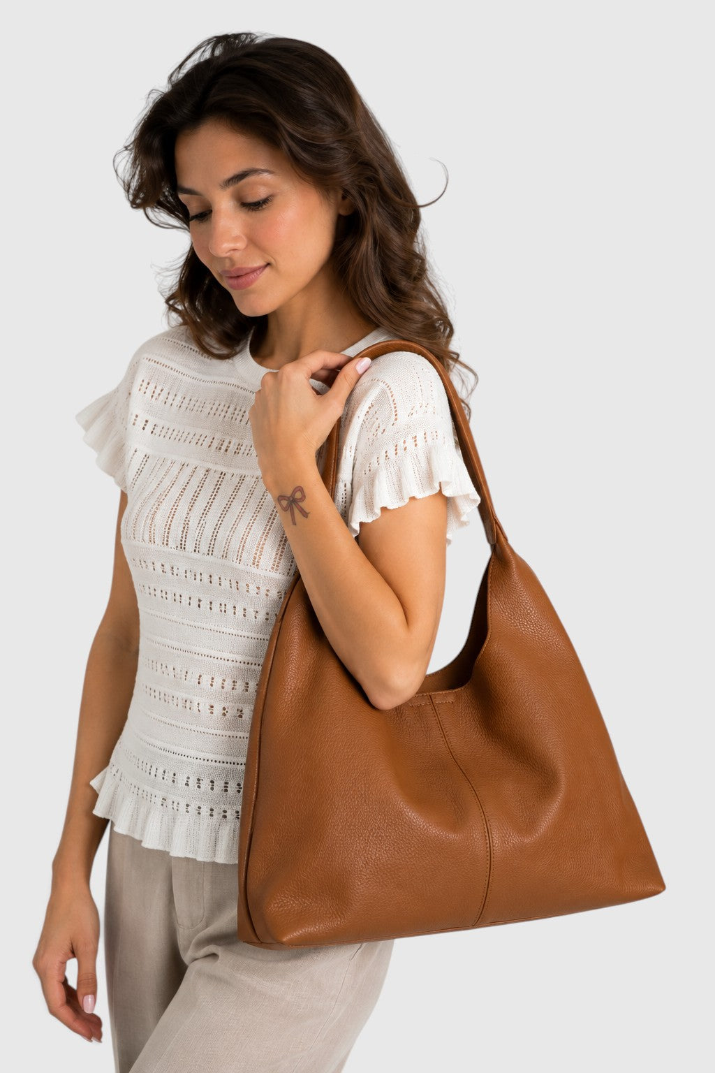 NAYA Leather Top Handle Bag - Cognac