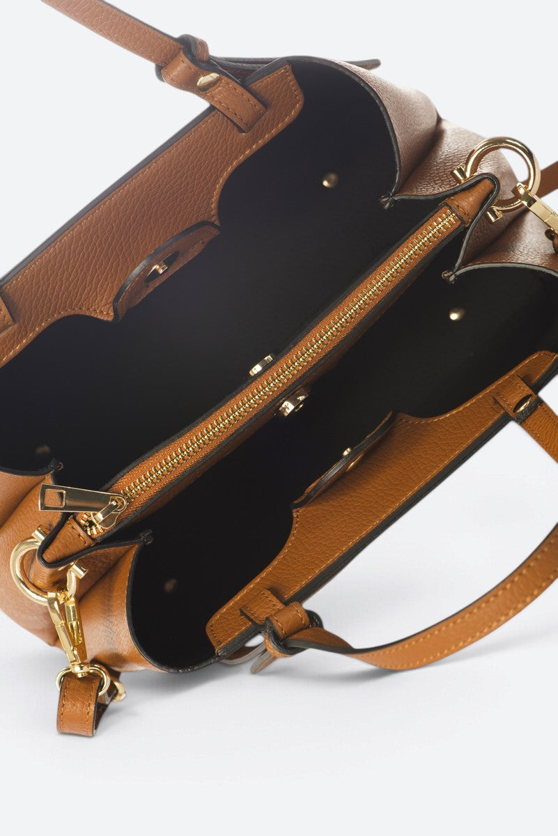 ORIETTA Leather Top Handle Bag - Cognac