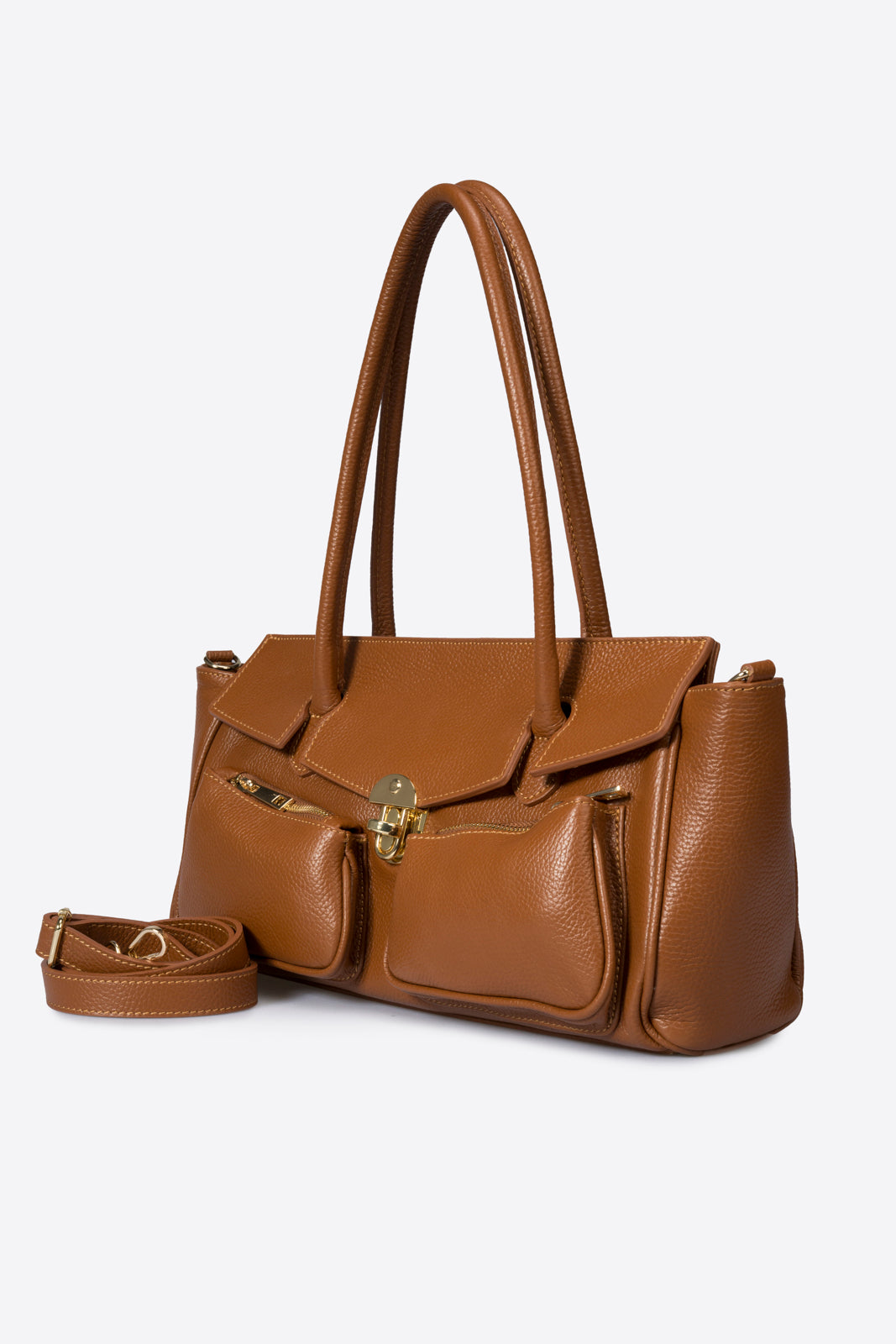 AUDREY Leather Top Handle Bag - Cognac