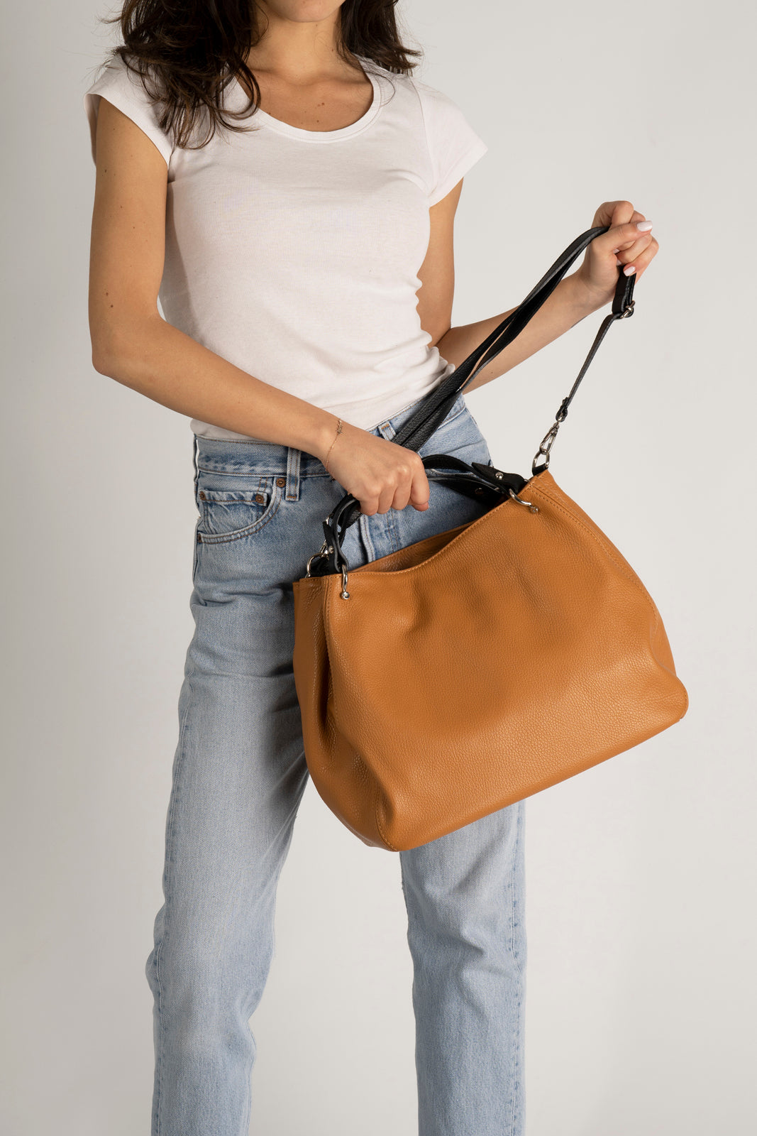 AZALEA Leather Top Handle Bag - Cuoio+Black
