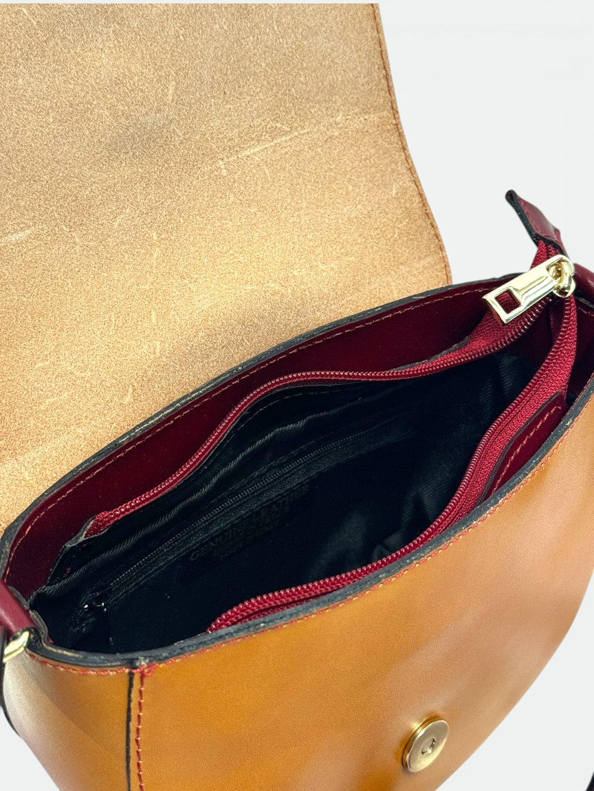 Leather Crossbody Bag 8058 - Cognac + Red
